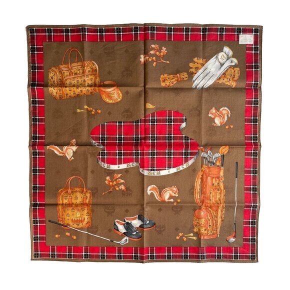 Vintage MCM Cotton Scarf – Golf & Tartan Design - Picture 1 of 14